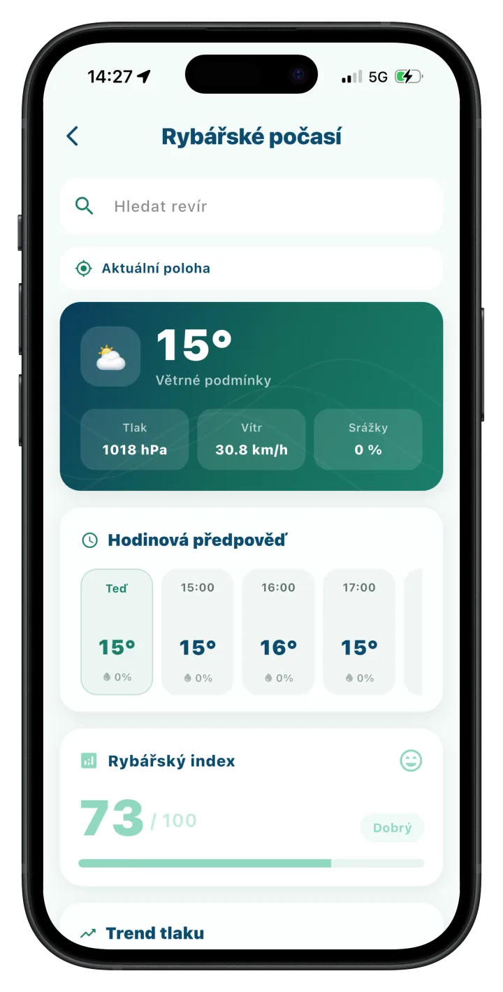 Předpověď počasí pro loviště v aplikaci Revírník